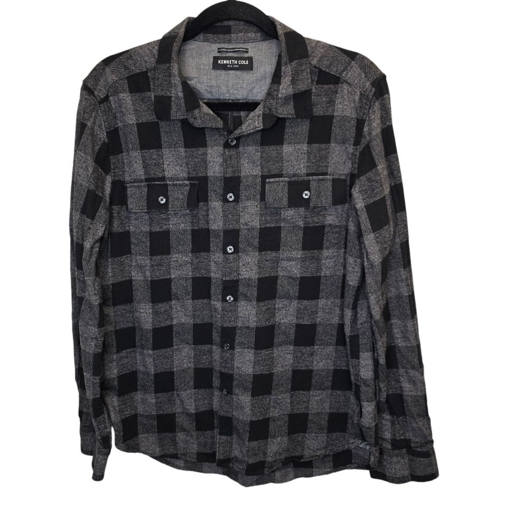 Kenneth Cole Men's L Black and Gray Plaid Flannel Long Sleeve Button-Up Shirt